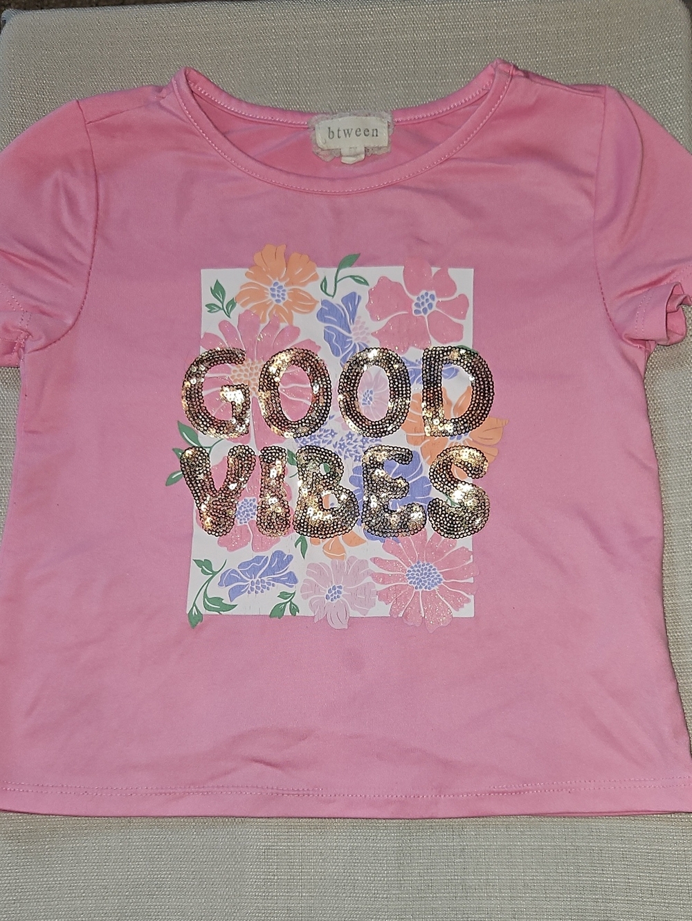 btween Pink Sequin 'GOOD VIBES' Floral Graphic Tee